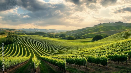 Wallpaper Mural Scenic Vineyard Landscape Under a Cloudy Sky, Rolling Hills and Agricultural Beauty Torontodigital.ca