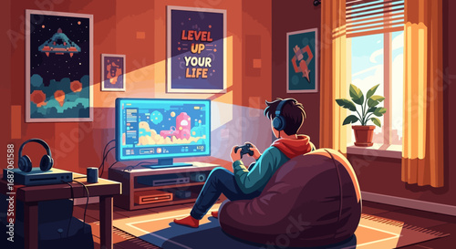 Cozy Gaming Room Gamer Enjoying Video Games in a Comfort Home with Funky Wall Decor