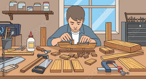 A focused young artisan meticulously assembling a wooden model ship, a detailed illustration of a creative woodworking hobby