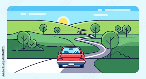 Summer road trip adventure through a picturesque countryside with a vehicle on a winding path amidst green hills and a bright sun
