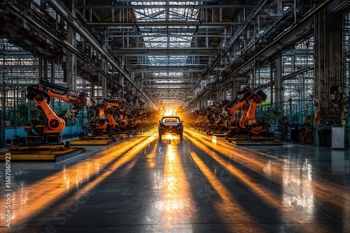 Industrial Robot Arms in Car Manufacturing with Sunset Illumination