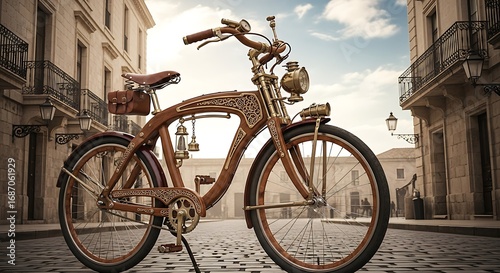 An Intricate Steampunk Bicycle Rides Through a Cobblestone Alleyway