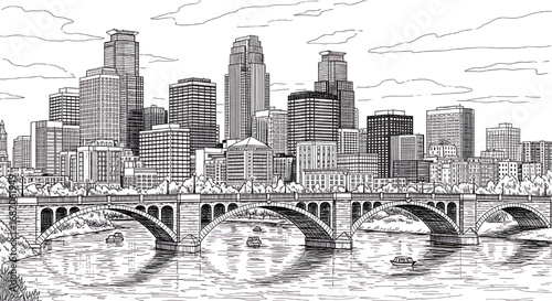 Minneapolis, Minnesota skyline sketch with the Stone Arch Bridge. Hand-drawn black and white vector illustration of the Twin Cities cityscape.