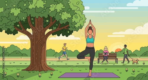 Peaceful morning yoga session in a vibrant park, promoting mindfulness and active living amidst nature's tranquility and community well-being