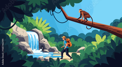 Adventurer Explores Lush Jungle with Waterfall and Monkey Perched on a Branch