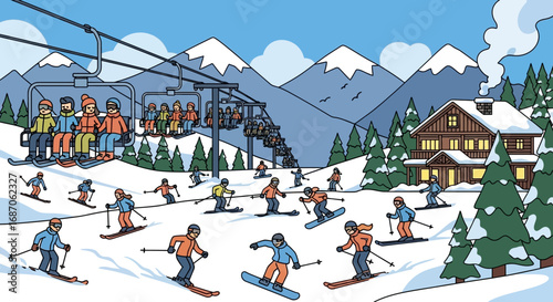 Skiers Enjoying a Winter Day at a Snowy Mountain Resort with Ski Lifts and a Cozy Cabin