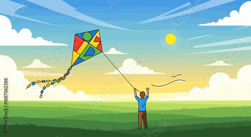 A person flying a colorful kite in a vast green field under a bright sunny sky with fluffy clouds