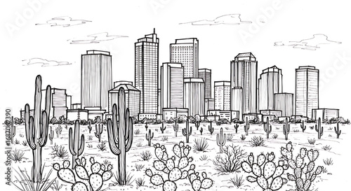Phoenix, Arizona skyline drawing with saguaro cactus. Hand-drawn black and white sketch of the desert cityscape in the Valley of the Sun.