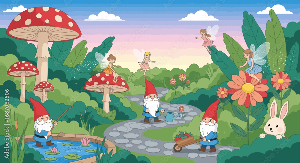 Fototapeta premium Enchanted Garden Gnomes, Fairies, and Magical Mushrooms in a Whimsical Landscape