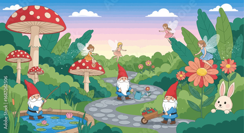 Enchanted Garden Gnomes, Fairies, and Magical Mushrooms in a Whimsical Landscape