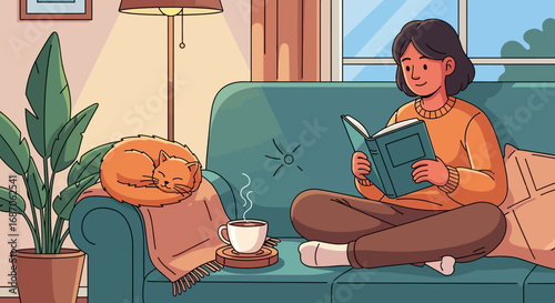 Cozy living room scene with a woman reading a book and a cat sleeping on the sofa, enjoying a warm beverage on a relaxing afternoon