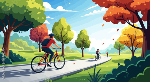 A vibrant vector illustration of a person enjoying a leisurely bike ride through a scenic park during the beautiful autumn season