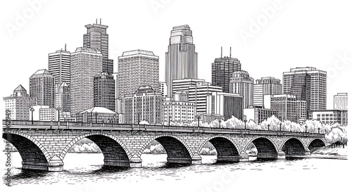 Minneapolis, Minnesota skyline sketch with the Stone Arch Bridge. Hand-drawn black and white vector illustration of the Twin Cities cityscape.