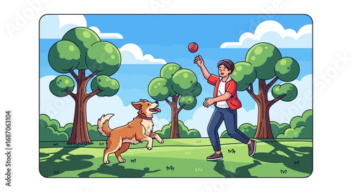 A joyful moment of a person playing fetch with their happy dog in a park on a sunny day, surrounded by lush trees and green grass, under a blue sky with fluffy clouds