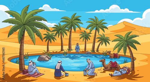 A vibrant illustration of a desert caravan with people and camels resting and refreshing at a secluded, tranquil oasis with palm trees