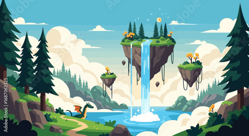 Floating Islands Waterfall Fantasy Landscape Illustration