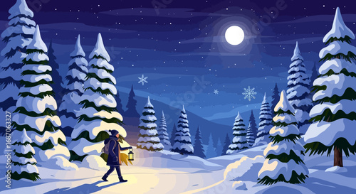Enchanting winter night journey through a snow-covered forest, a solitary figure with a lantern under the luminous full moon and falling snowflakes