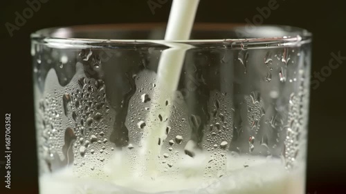 Milk being poured into a glass, close up, refreshing drink.