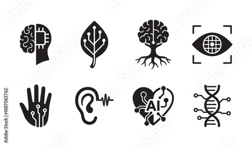 Collection of futuristic technology and science icons in silhouette