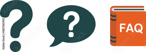 Faq and help support icons with question mark, book and speech bubble in flat design
