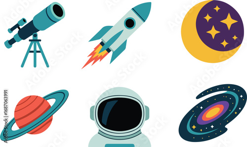 Space and astronomy icons with telescope, rocket, moon, stars, planet and astronaut 