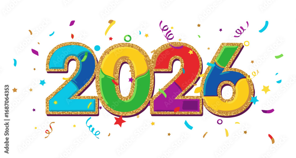 Fototapeta premium Vibrant confetti celebration greeting for 2025 with colorful balloon numbers and festive elements vector
