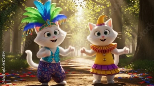 Two cartoon cats dressed in colorful costumes are dancing on a path in a sunlit forest.