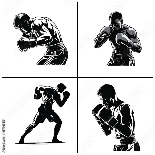Illustration of a dynamic athlete in a fighting stance in silhouette style