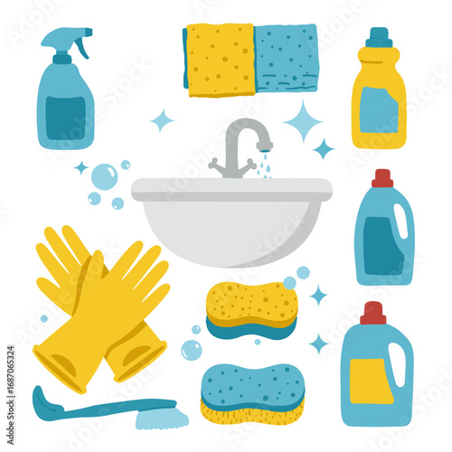 Cleaning Supplies and Tools Arranged Around a Shiny Sink