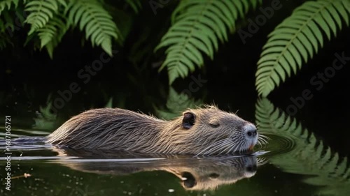 A coypu glides effortlessly through calm water, surrounded by lush ferns.