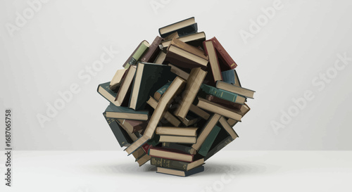 Abstract composition featuring a dense cluster of vintage books on a white surface