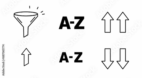 Abstract data management concept with filter, sort alphabetically ascending and descending