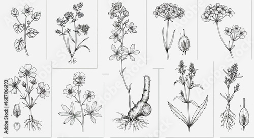 Botanical illustration featuring various wildflower species and plant anatomy drawings