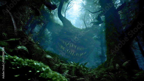 A terrifying monster lurking in a dark forest, a first-person view of a predator with glowing eyes, a scary creature with sharp teeth in the shadows, a concept of being hunted, horror and survival.

