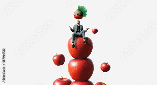 Conceptual image of a man balancing on a stack of apples with an apple head