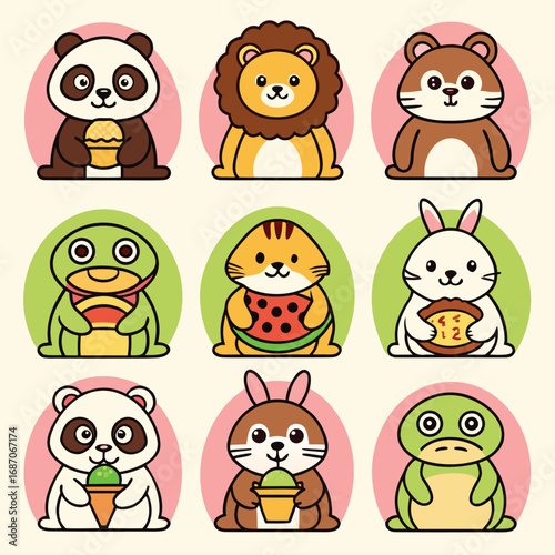 Cartoon Animals Indulging in Refreshments A Whimsical Collection of Adorable Creatures Enjoying Their Favorite Treats on Colorful Backgrounds Featuring a Panda, Lion, Hamster, Turtle, Cat, and Rabbit