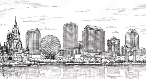 Seattle skyline sketch including the Great Wheel. A different perspective in a hand-drawn black and white vector of the Washington city.