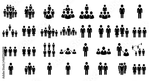 Diverse representation: Black and white vector icons illustrating people and team dynamics