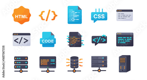 Diverse set of coding and server icons representing software development resources