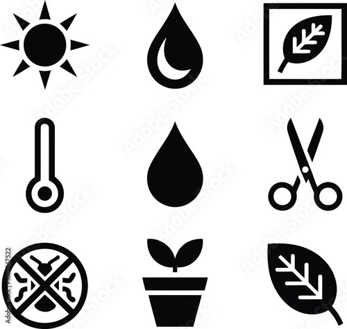 Collection of Gardening Icons Featuring Sunlight, Water, Temperature, Plant, Pest Control, Pruning, and Leaf Care for Gardening Guidance and Tips