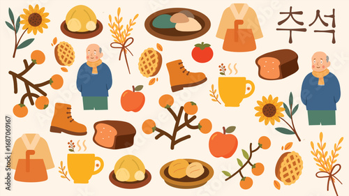 Chuseok holiday illustration with family traditional food and hanbok