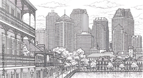 Hand-drawn sketch of a New Orleans French Quarter street scene. Detailed black and white vector illustration of the city's iconic architecture.