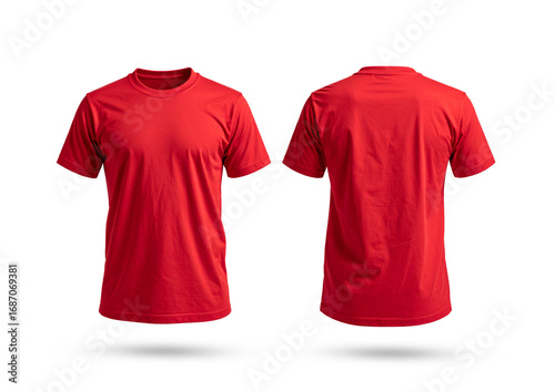 Plain red cotton men's t-shirt isolated on a white background with front and back views for clothing design template