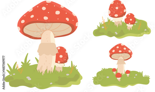 An illustration with red and white spotted mushrooms on a grass background. A set of vector mushrooms.