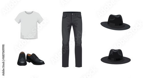 Men's fashion: stylish outfit composition with t-shirt, pants, shoes and hat elements