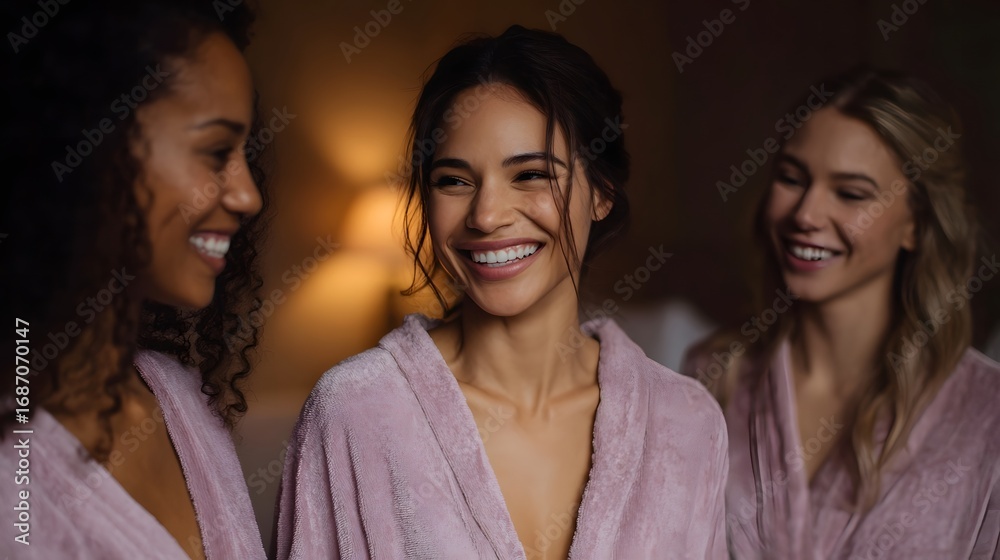 Fototapeta premium Three diverse young women in matching pink robes share a moment of joy and laughter during prepa n in a warm inviting room