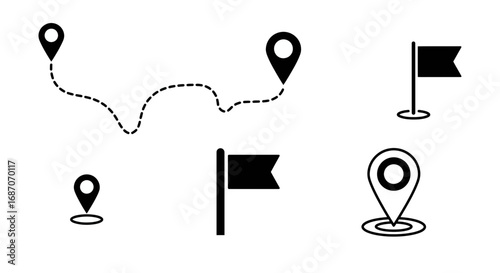 Minimalist Navigation Icons Representing Location, Direction, and Destination Elements