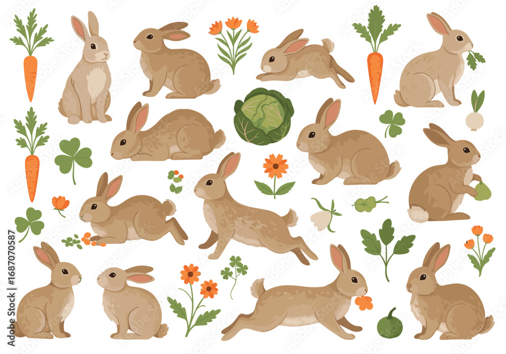 Naklejka premium Collection of adorable bunnies with spring garden elements and vegetables