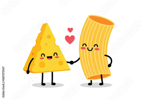 Cute kawaii cheese wedge and pasta tube holding hands smiling with hearts between them