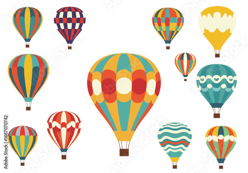 Vibrant patterned hot air balloons flying in the sky transportation adventure